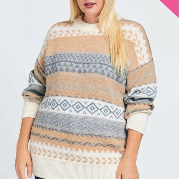 DAVI & DANI Fair Isle Knit Sweater Beige Gray White Cozy Winter Pullover - Picture 1 of 6